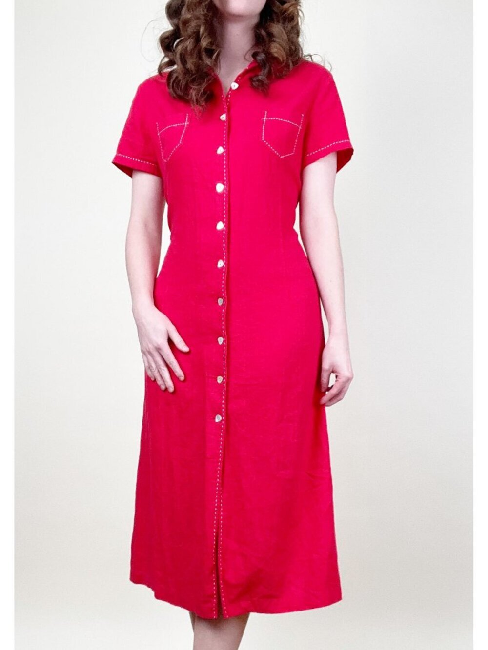 Vintage 90s Linen Midi Sun Dress Button Down Up Shirtdress Casual Sundress 1990s